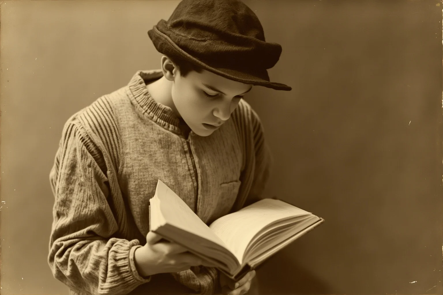 A vintage sepia photograph of a young man reading a book, evoking a classical literary name
