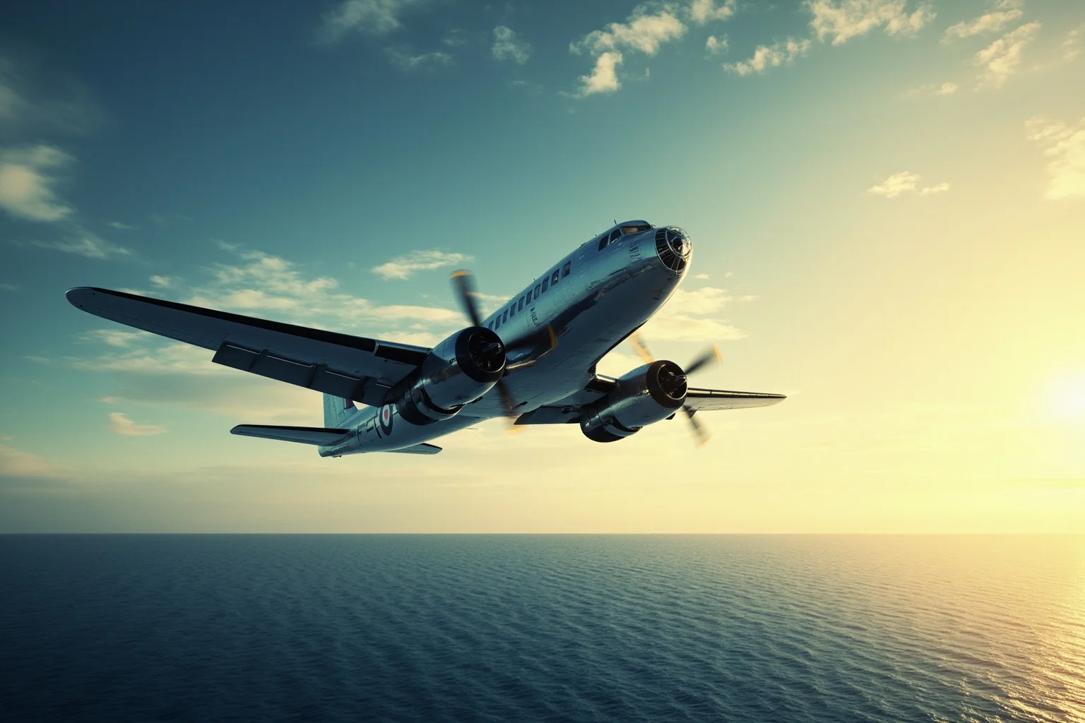 21 Beloved Historical Figures Who Are Controversial Today 21 A vintage silver propeller airplane flying over the Atlantic Ocean at dawn, symbolic aviation-era illustration