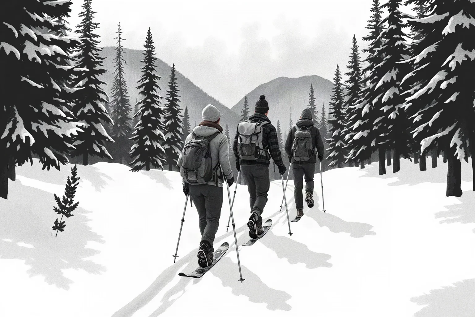 A vintage-style black-and-white photograph aesthetic of a group of hikers with backpacks and skis trekking through deep snow in a mountainous forest, 1950s winter clothing, illustrative style
