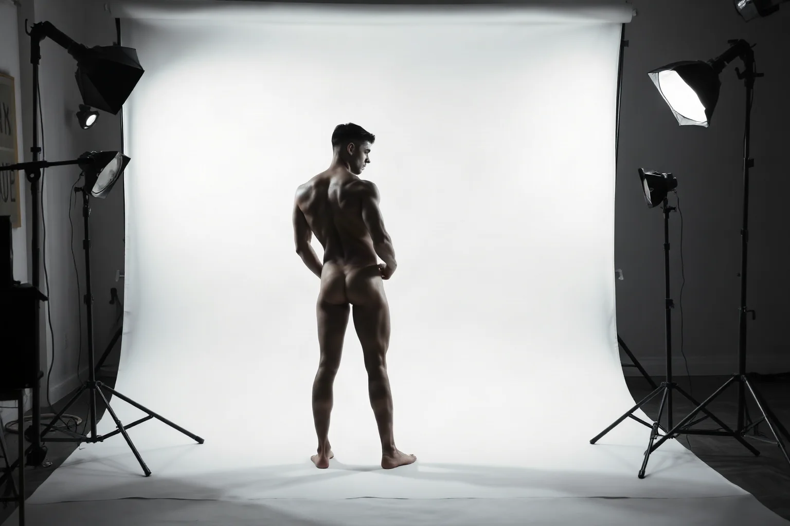 A vintage-style black-and-white physique photography studio backdrop with dramatic lighting