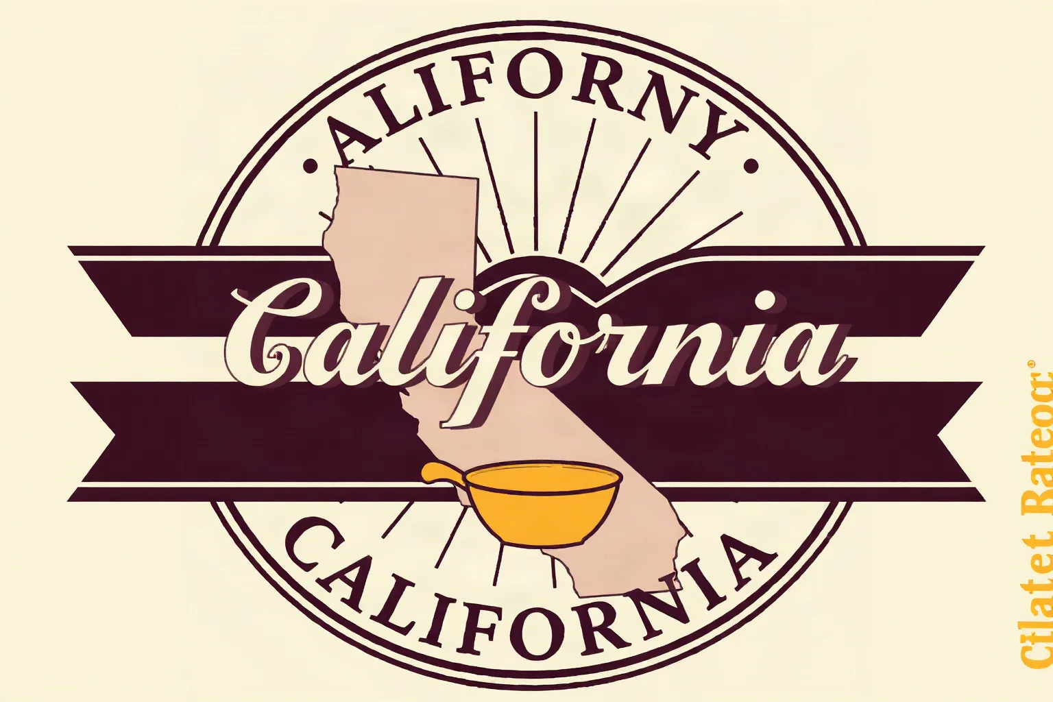 A vintage-style California state seal motif with sun rays and a gold pan, evoking the Gold Rush era