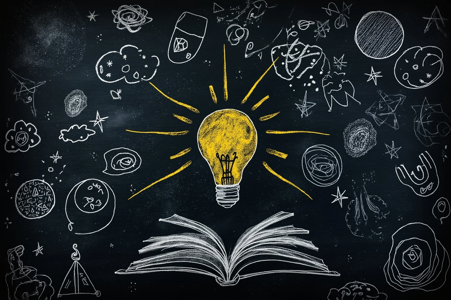 Words of Wisdom: 20 of Albert Einstein's Greatest Quotes 21 A vintage-style chalkboard covered in swirling galaxy doodles and a lightbulb icon, symbolizing imagination over knowledge