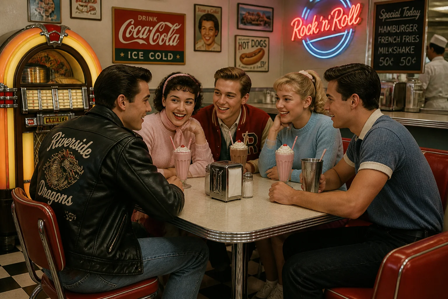 A vintage-style diner scene with jukebox, milkshakes, and teenagers in 1950s fashion gathered around a table