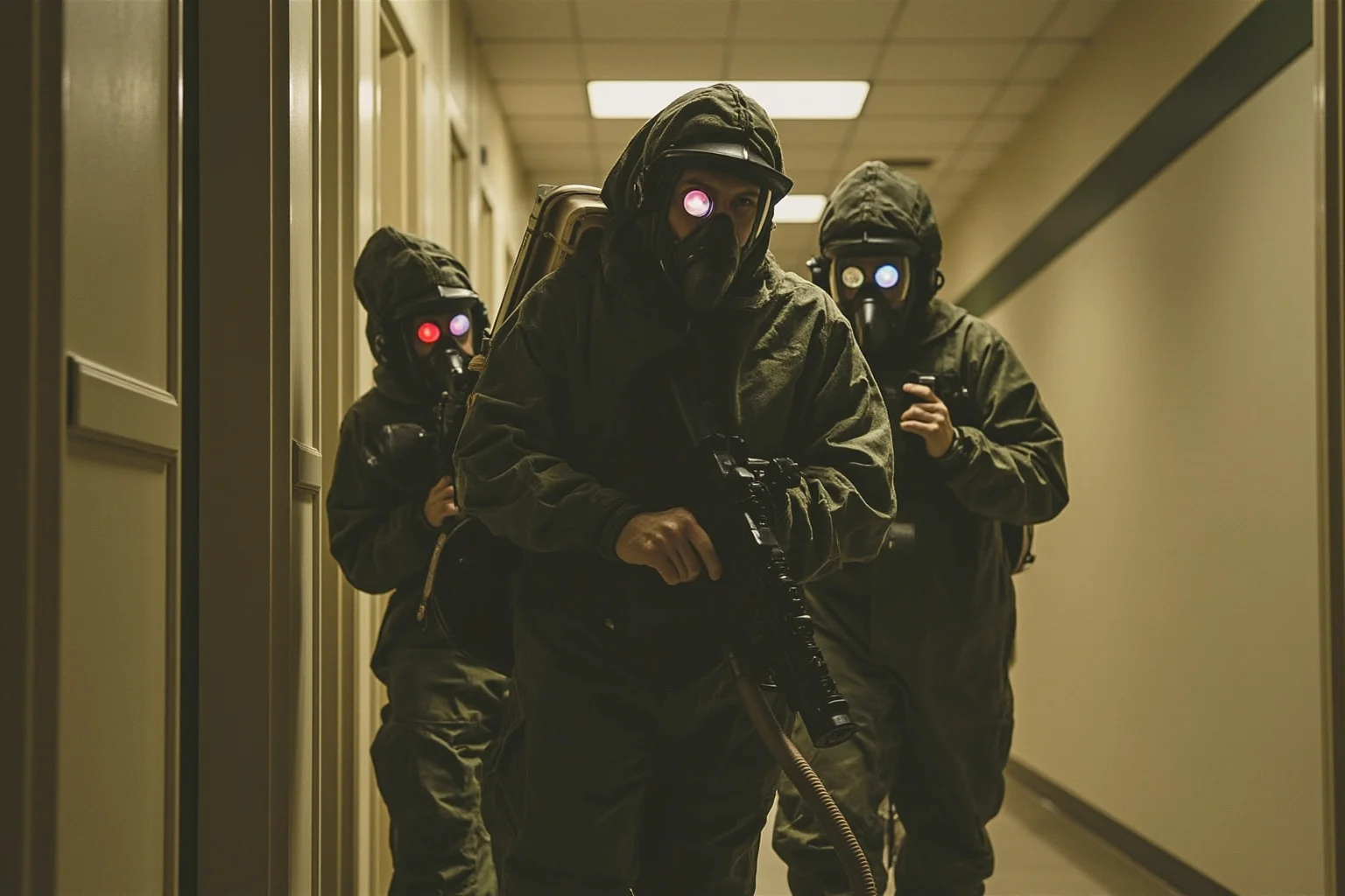 The Toxic Lady: The Strange Case of Gloria Ramirez's Toxic Blood 3 A vintage-style hazmat team in protective suits investigating a hospital corridor, representing a chemical scare investigation