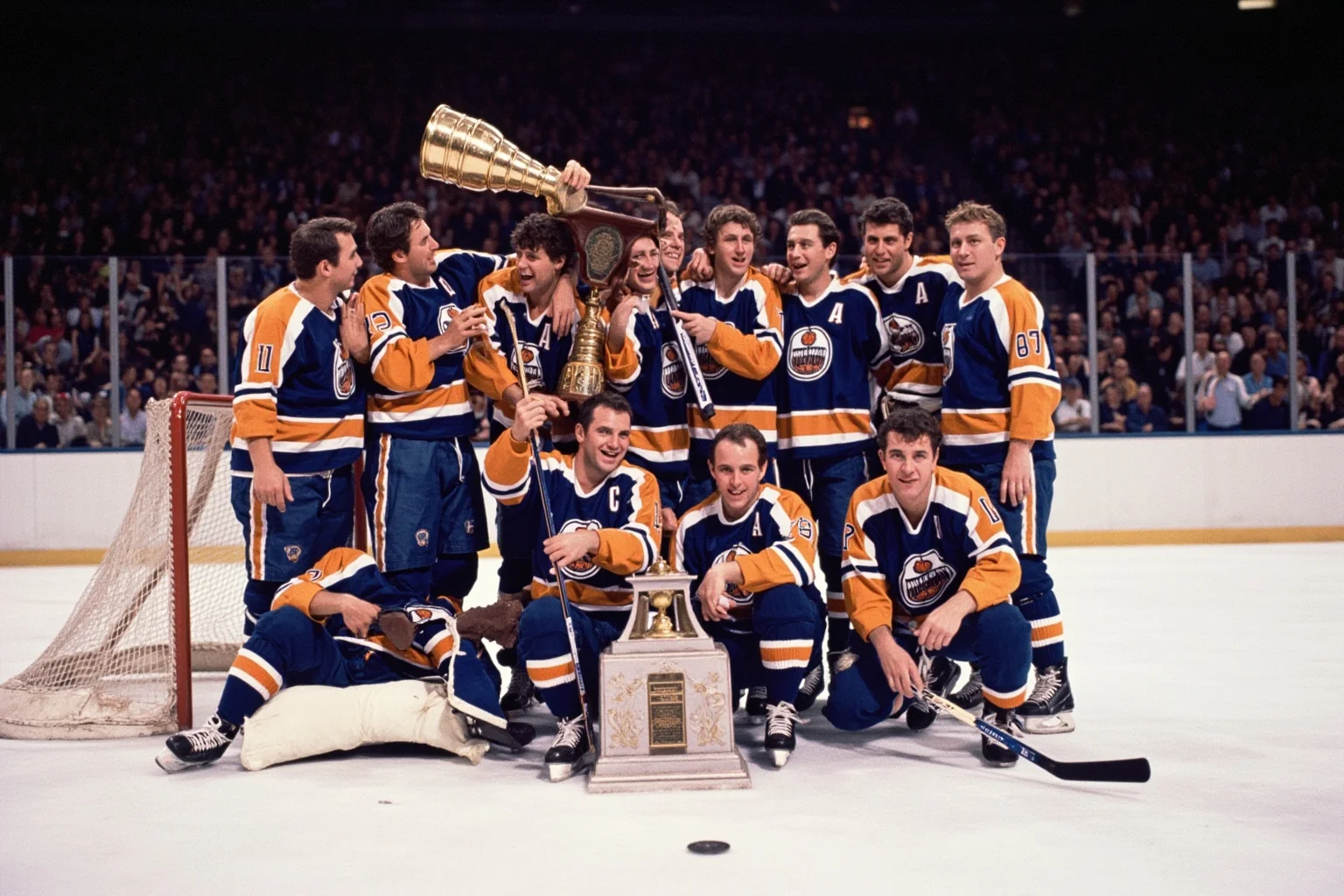 A vintage-style ice hockey arena scene with players raising a championship trophy after an improbable series comeback, retro color palette