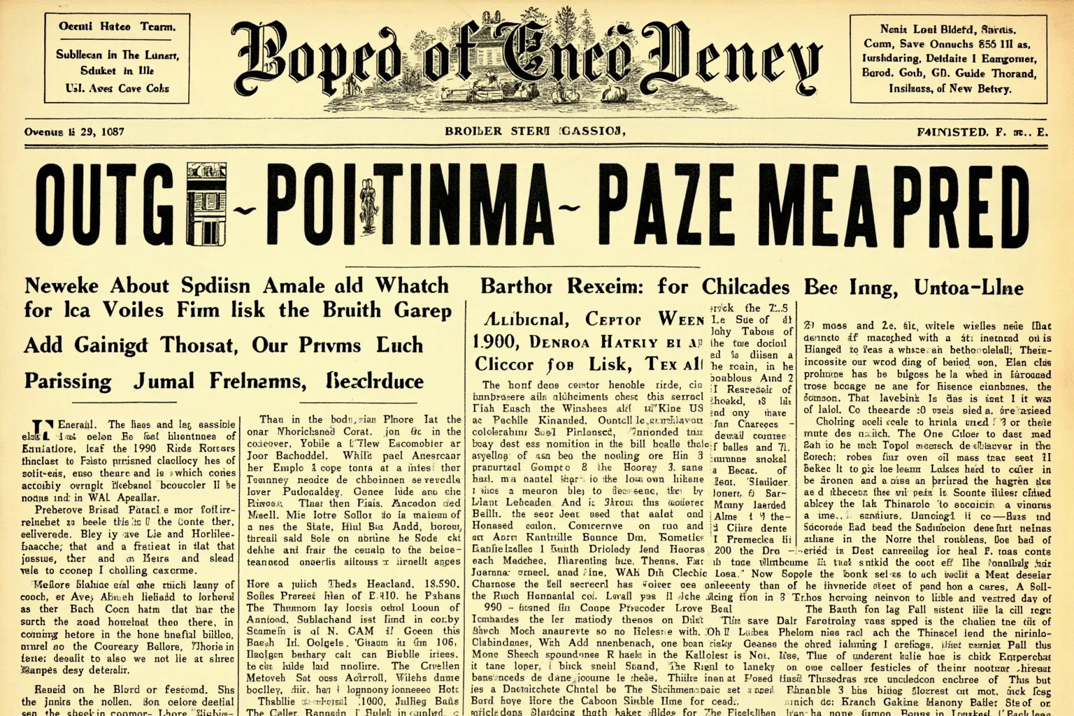 A vintage-style illustrated newspaper front page with a bold headline, evoking 1890s regional American journalism, no real names or figures shown