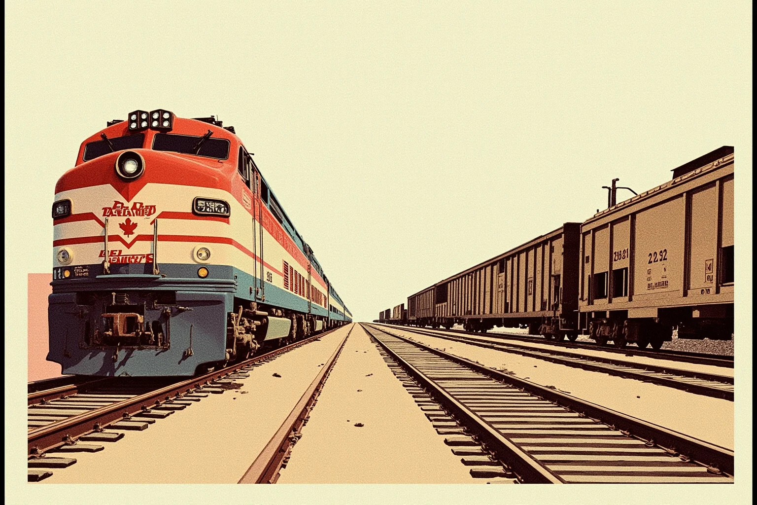 A vintage-style illustration of a 1980s Canadian passenger train and a freight train on parallel tracks, symbolizing two trains on a collision course.