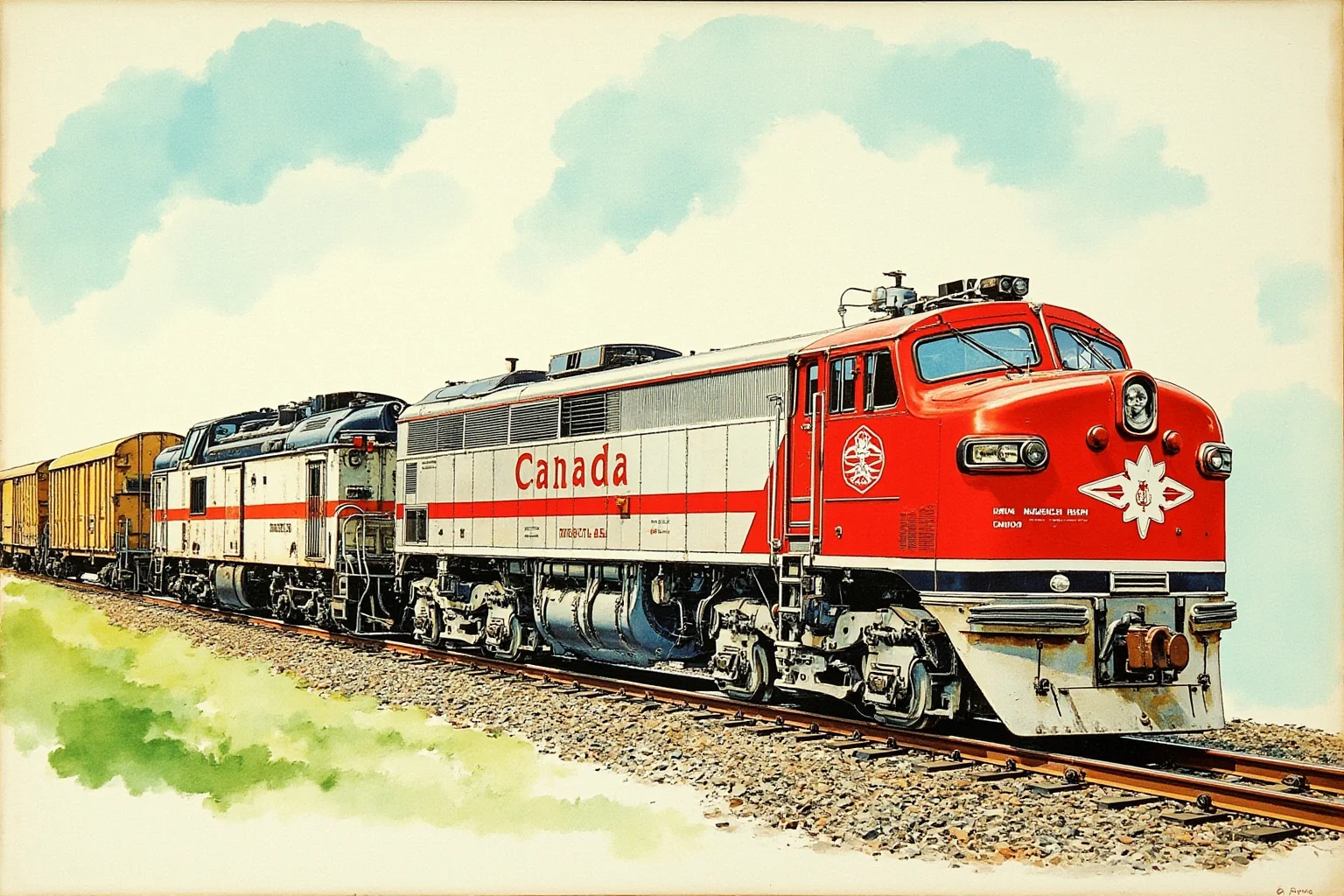 A vintage-style illustration of a 1980s Canadian passenger train and a freight train on parallel tracks, symbolizing two trains on a collision course.