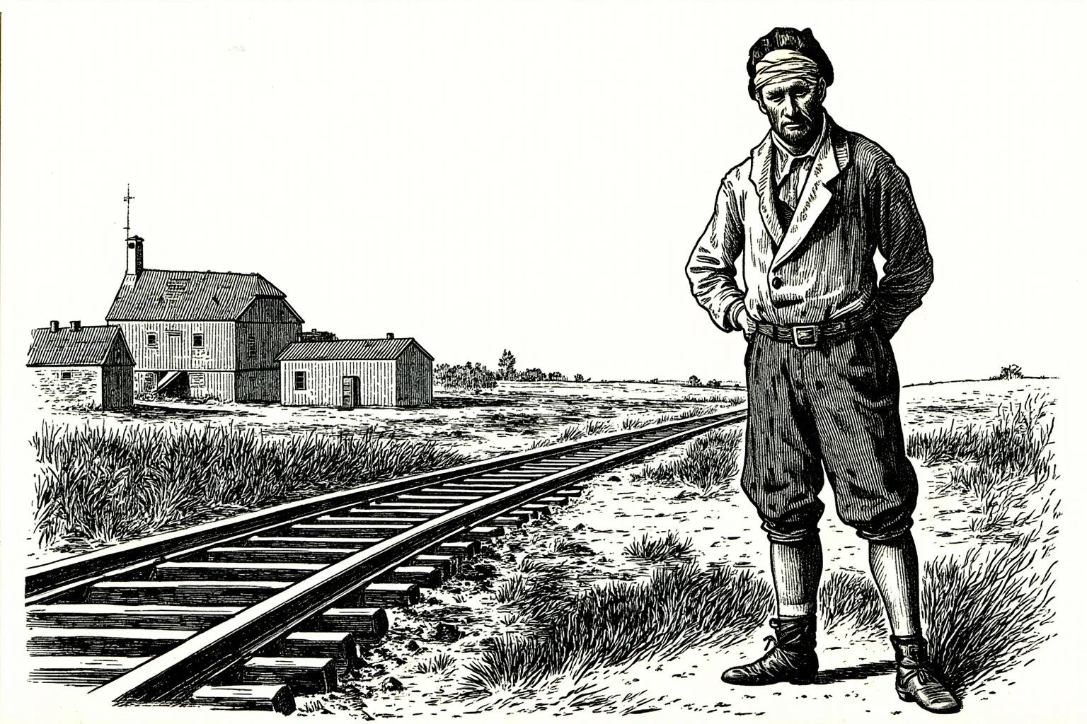 A vintage-style illustration of a 19th-century railroad worker with a bandaged head standing near old rail tracks