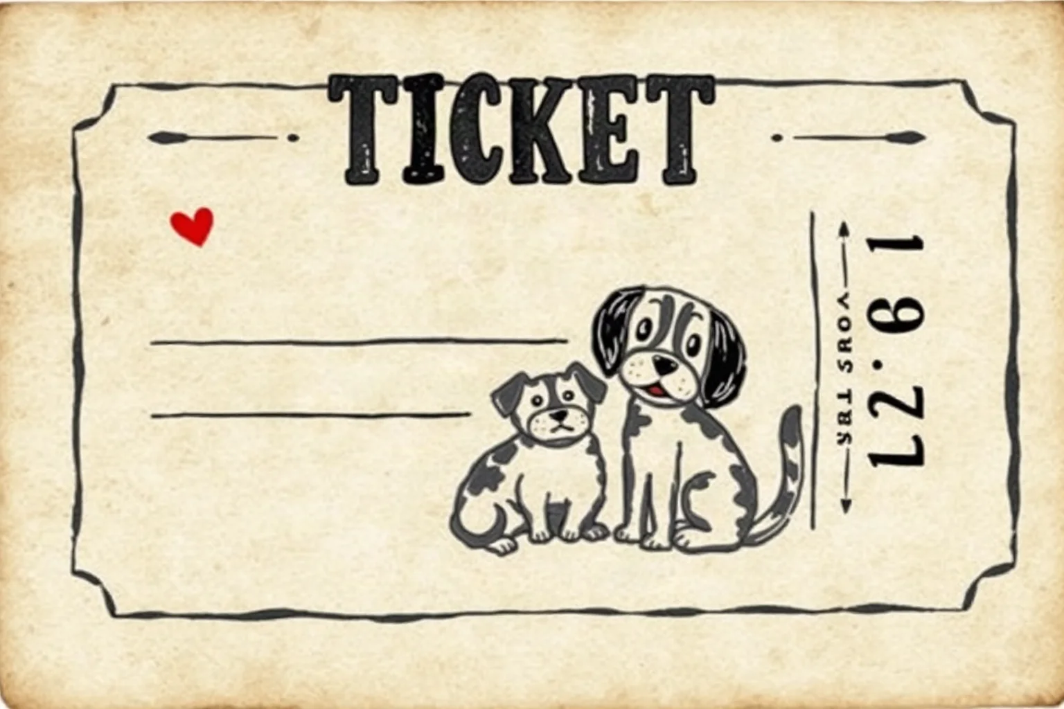 A vintage-style illustration of a hand-painted fake paper ticket with a whimsical cat and dog motif, aged parchment texture
