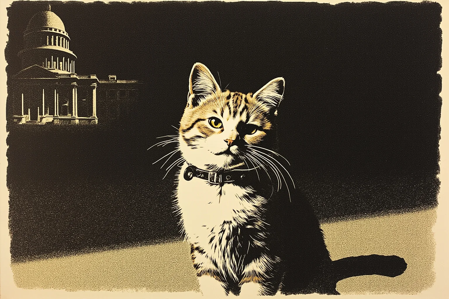 A vintage-style illustration of a house cat wearing a tiny hidden antenna collar near a shadowy government building