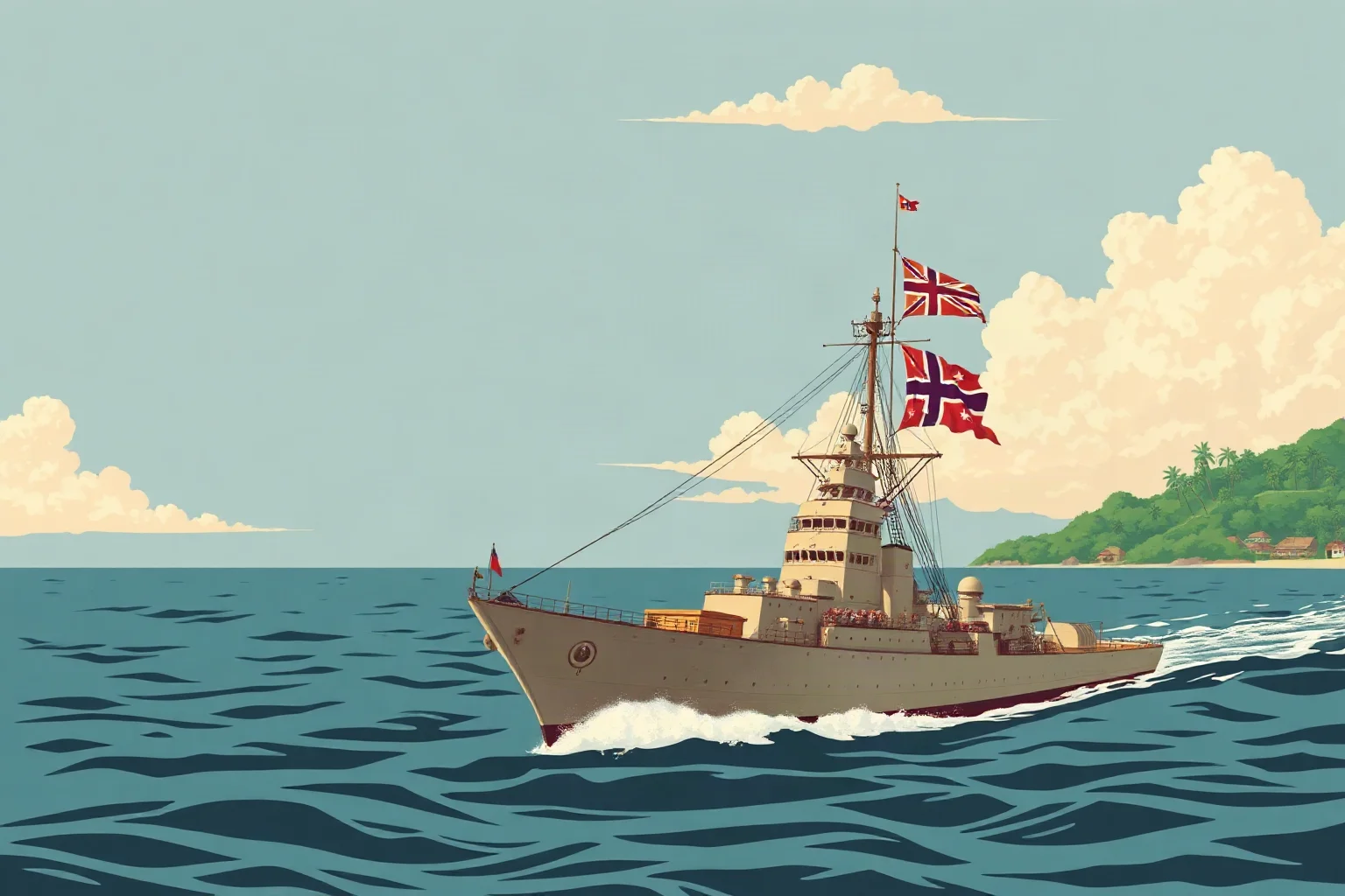 A vintage-style illustration of a naval ship at sea flying period flags near a tropical coastline, symbolic of overseas expansion.