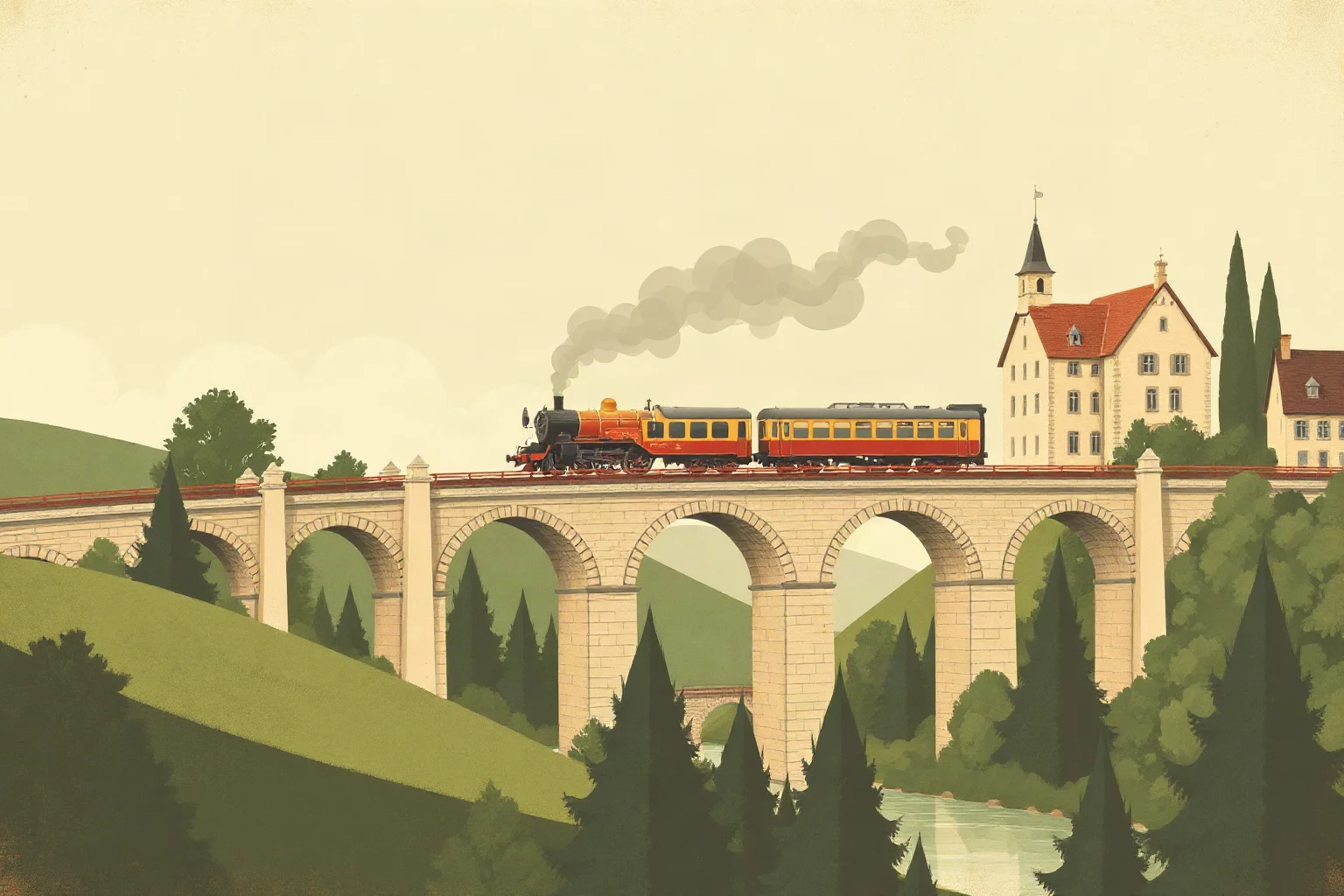 A vintage-style illustration of a steam train crossing a European countryside bridge