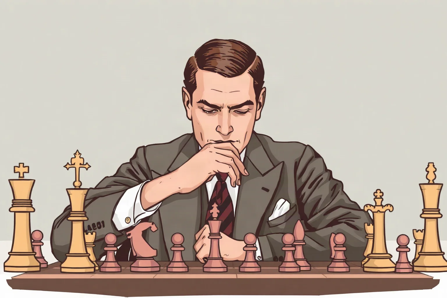 A vintage-style illustration of an early 20th century chess champion in a suit, hands folded, staring intently at pieces