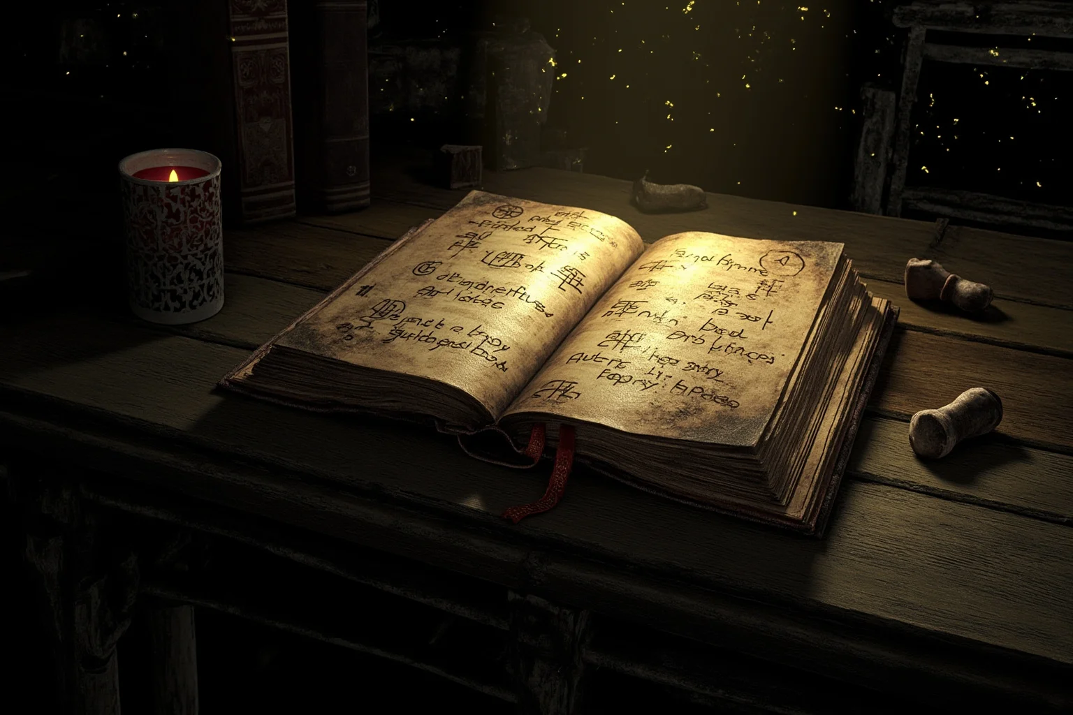 A vintage-style illustration of an open forbidden book with strange symbols, glowing faintly on an old library table surrounded by shadows, evoking cosmic horror lore