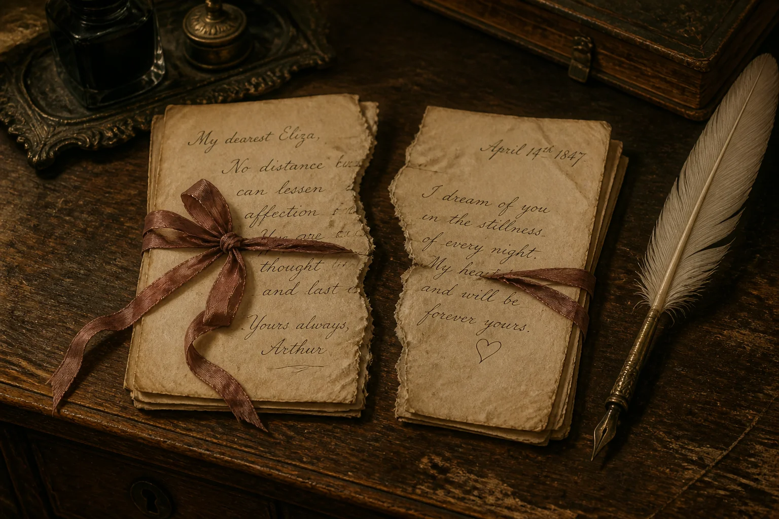 A vintage-style illustration of old handwritten love letters tied with ribbon, torn in half, resting on an antique wooden desk with a quill pen