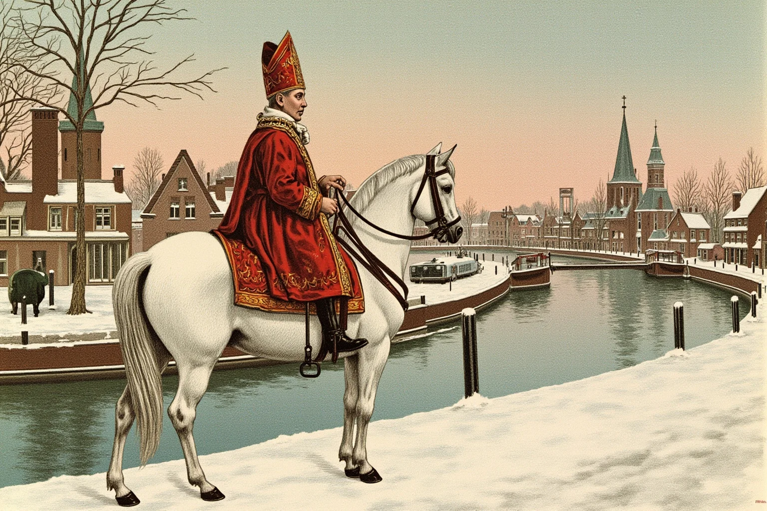 The Origin Of Santa Claus And How He Became Our Christmas Icon 2 A vintage-style illustration of the Dutch Sinterklaas figure on a white horse near a canal, wearing a tall bishop's mitre and red robe, European winter scene