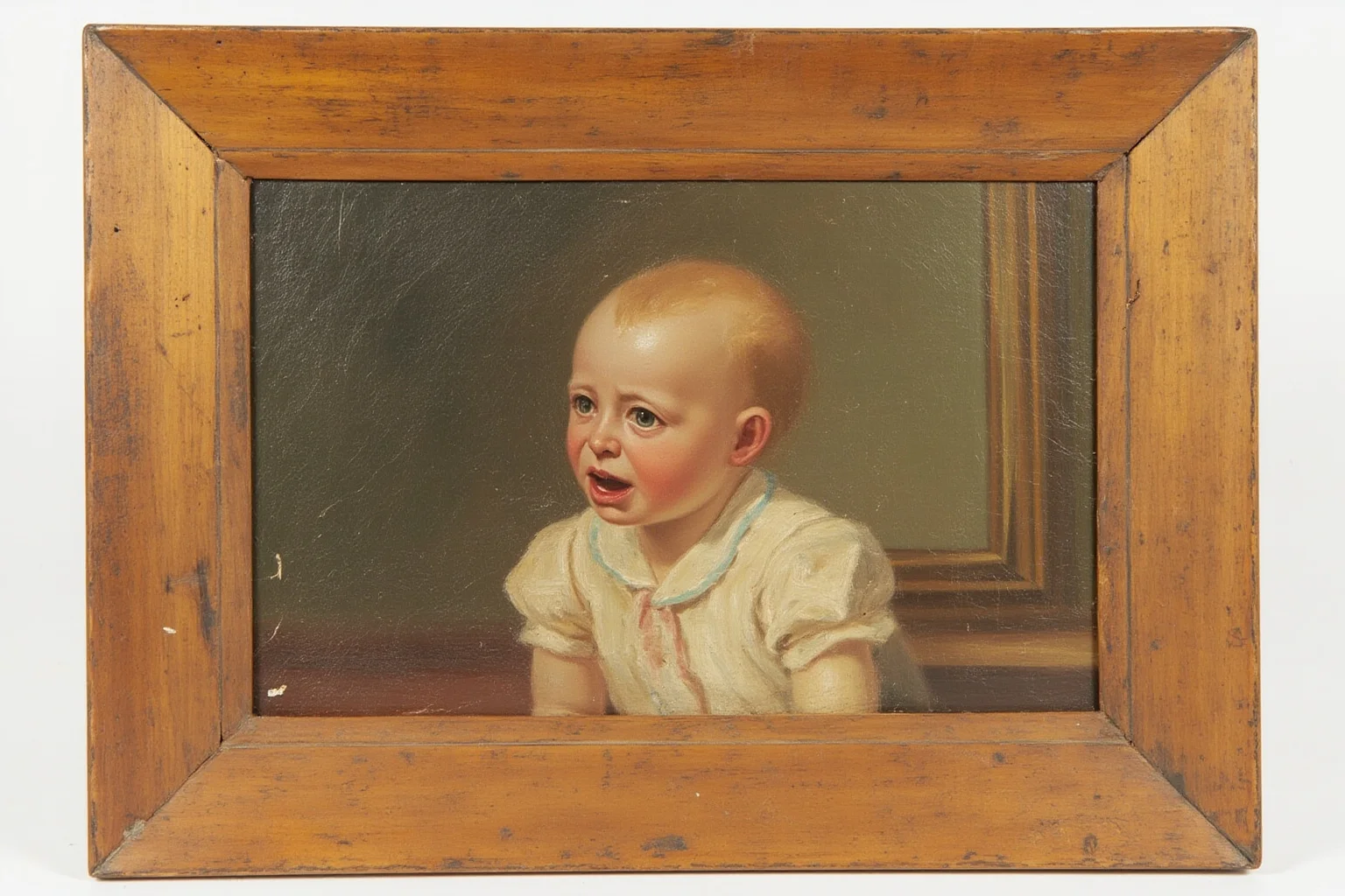 A vintage-style oil painting of a crying child in a plain wooden frame