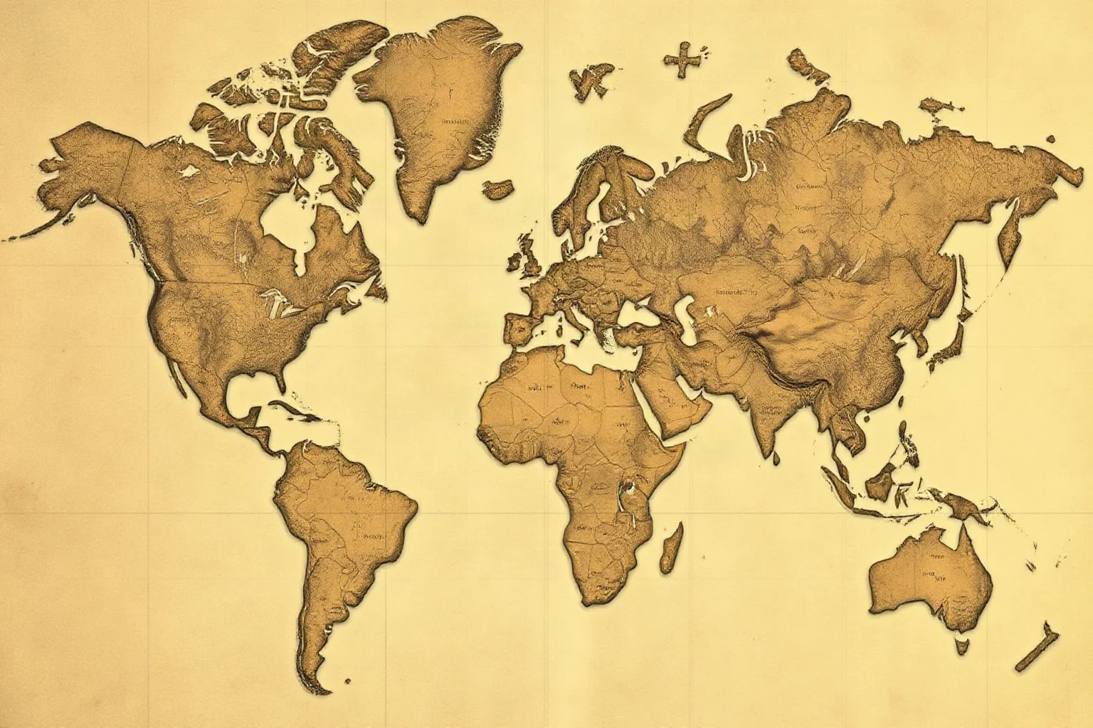 A vintage-style scientific illustration of continents fitting together like puzzle pieces, symbolizing the theory of continental drift, in a muted historical map aesthetic