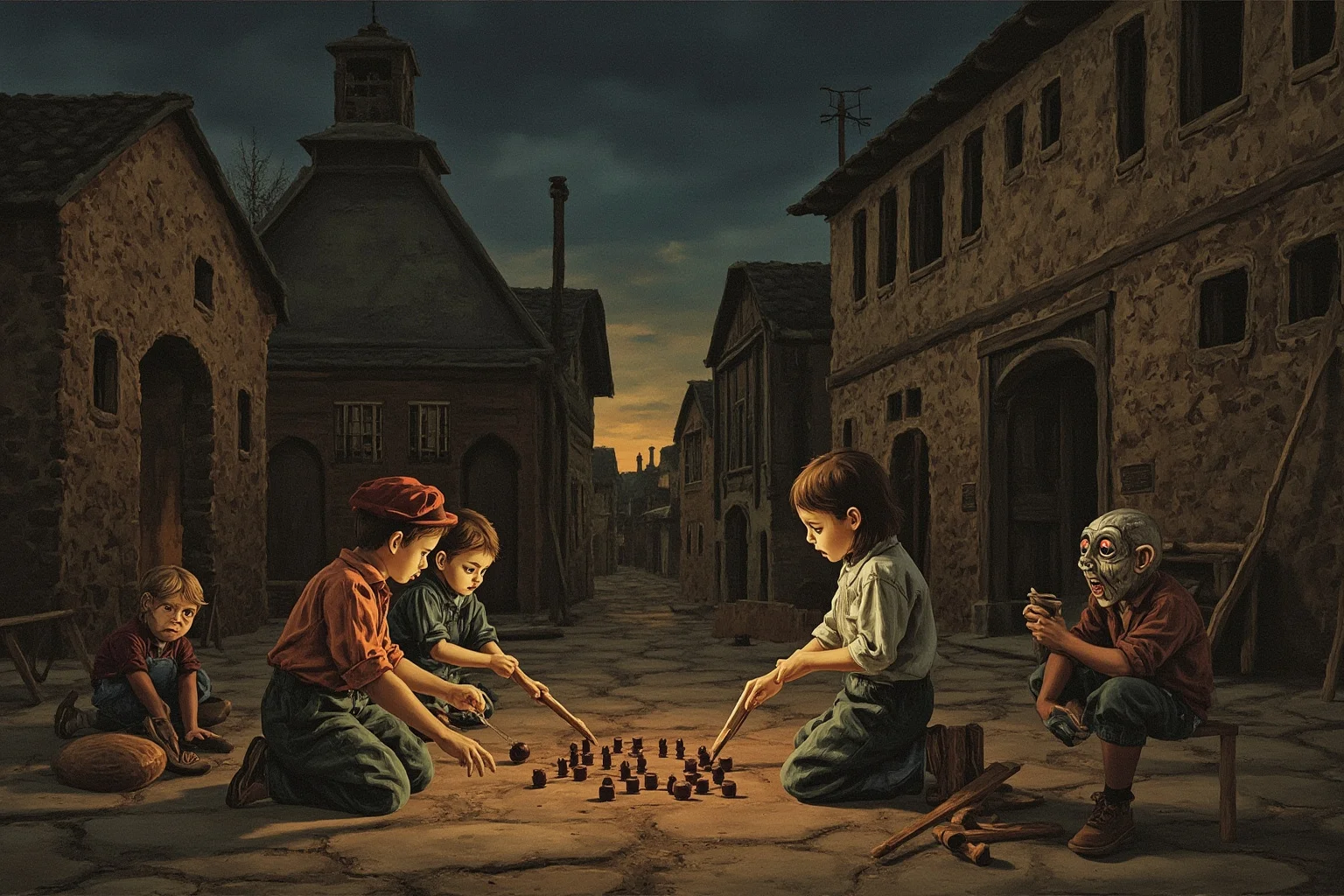 Grim Childhoods Indeed: The 20 Darkest Brothers Grimm Fairy Tales 18 A vintage-style unsettling illustration of children playing an old-fashioned game in a rustic village courtyard at dusk