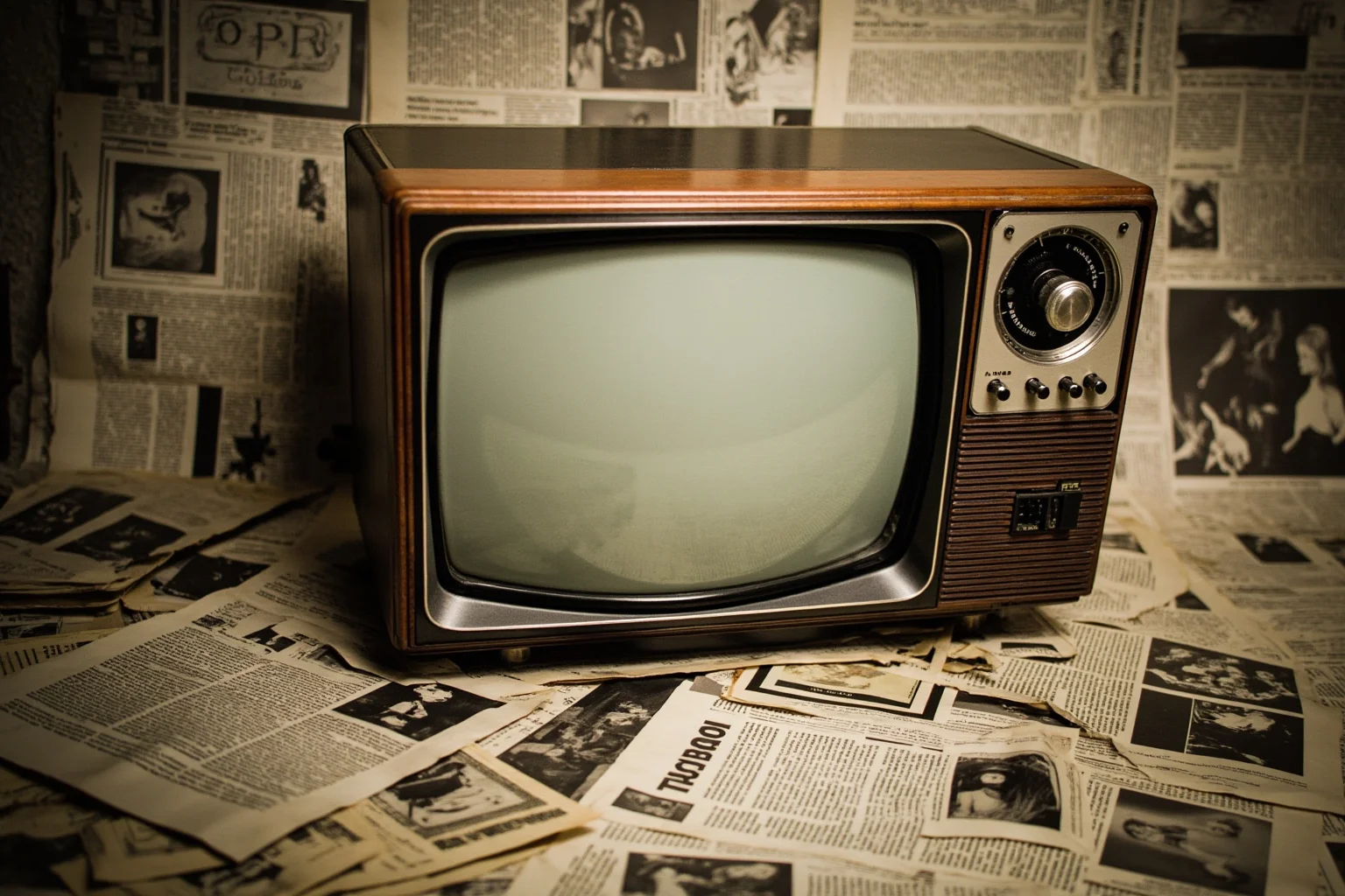 26 Facts About Nostradamus and His Predictions 26 A vintage television and old newspaper clippings scattered together, symbolizing pop culture fascination