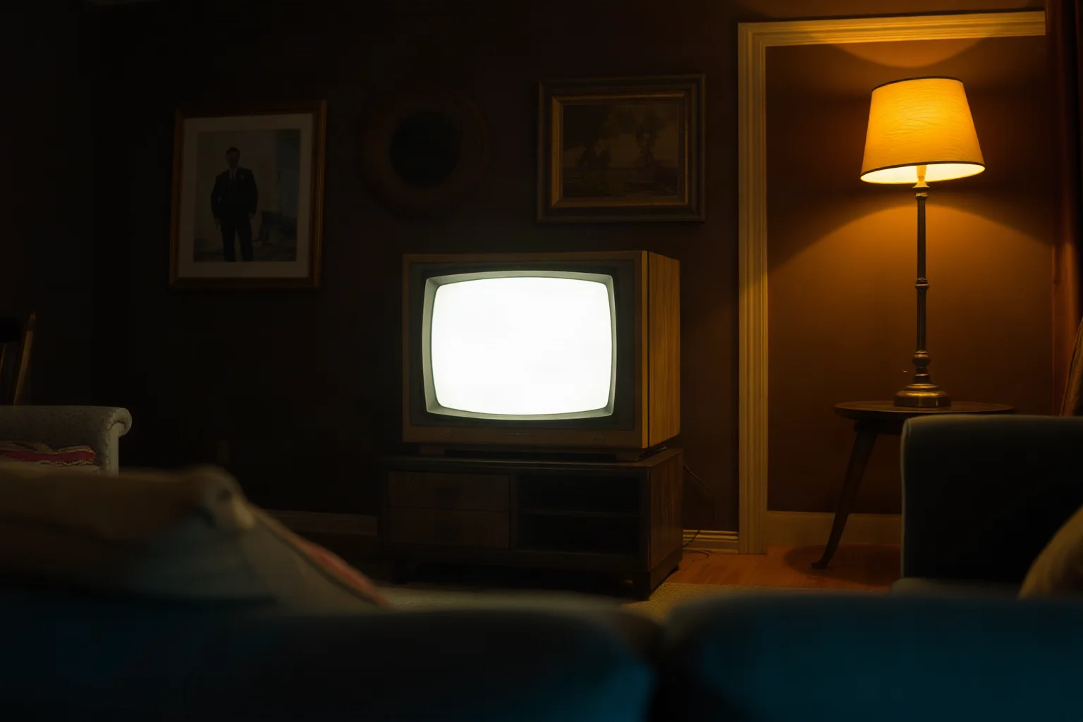 A vintage television glowing in a dark living room, symbolizing dramatized pop-culture retellings