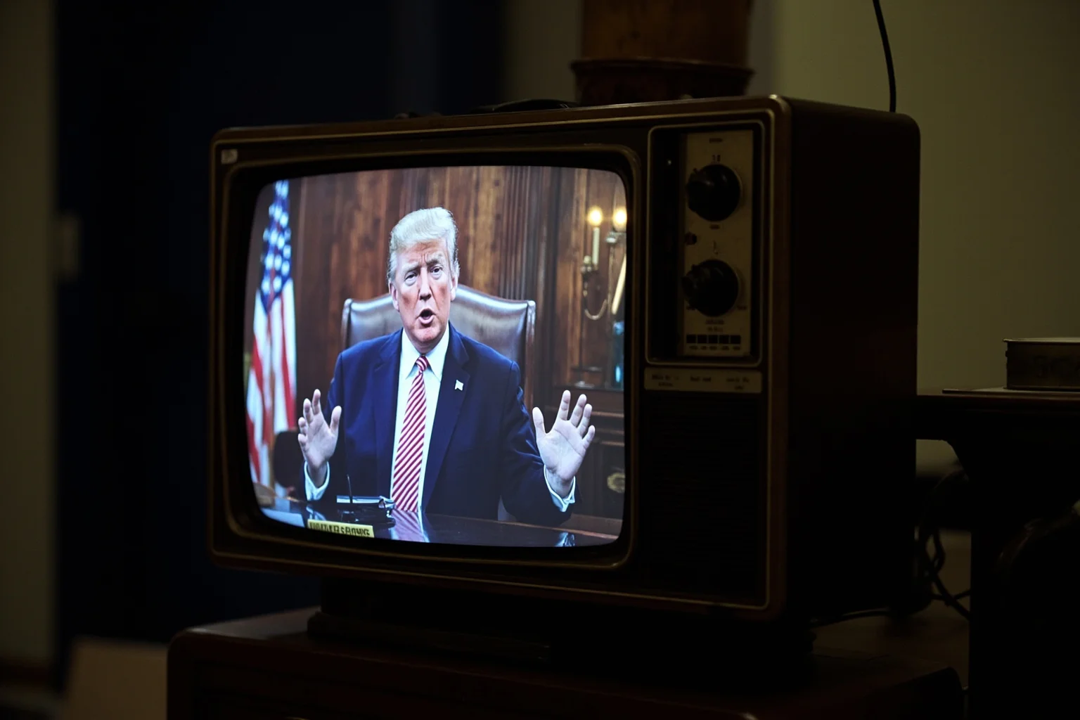 Most Important Historical Events Televised Live 7 A vintage television showing a solemn address from a formal wood-paneled office, evoking a presidential resignation broadcast