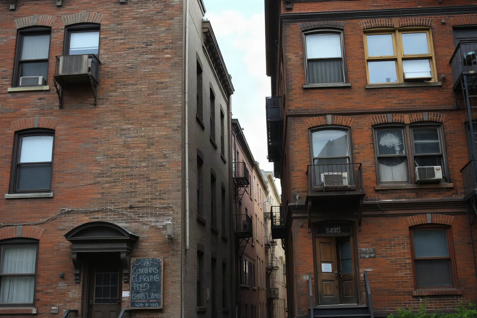 A vintage tenement building exterior representing early 1900s typhoid fever outbreaks in a crowded city, muted tones