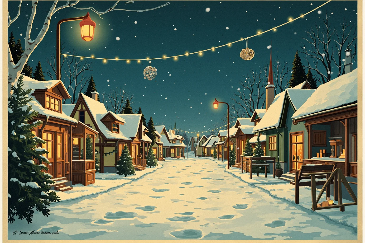 The Origin Of Santa Claus And How He Became Our Christmas Icon 8 A vintage travel-poster style illustration of a snowy European village square with lantern light, evoking old-world Christmas folklore traditions