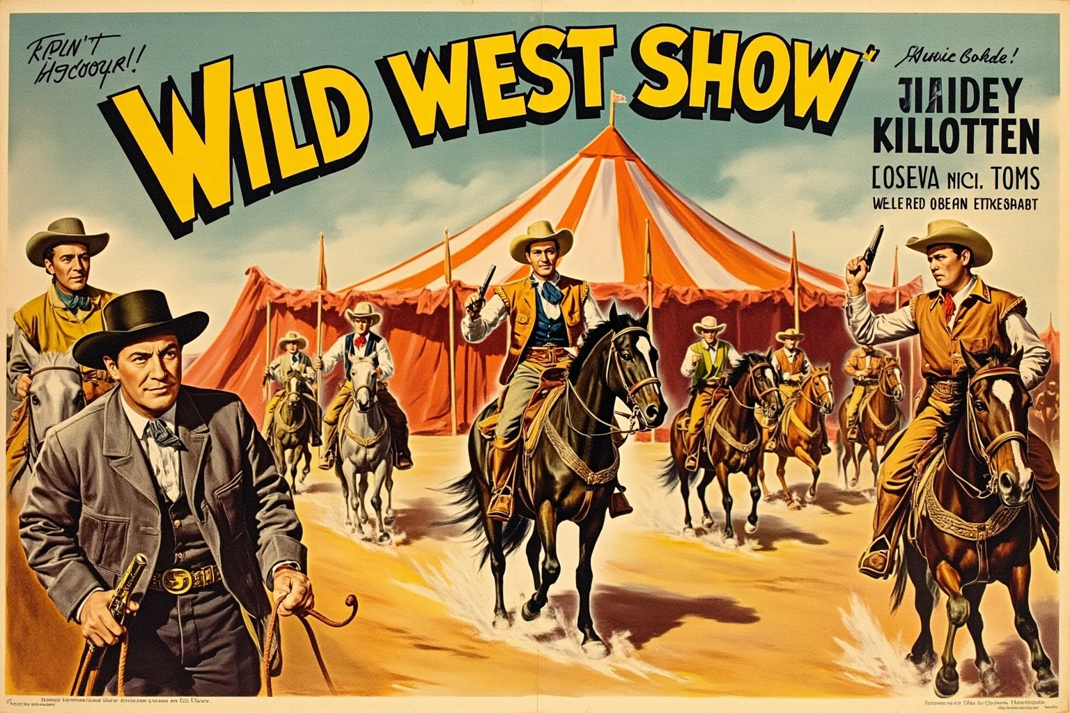 A vintage traveling Wild West show poster style scene with performers, horses, and a big top tent