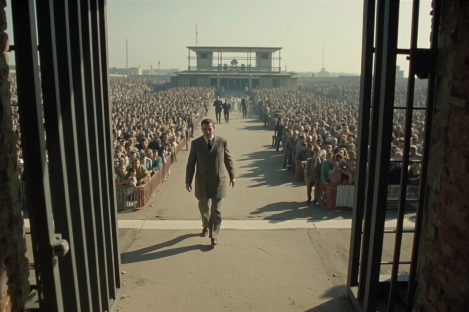 Most Important Historical Events Televised Live 15 A vintage TV broadcast showing a lone figure walking through prison gates toward a cheering crowd in the distance
