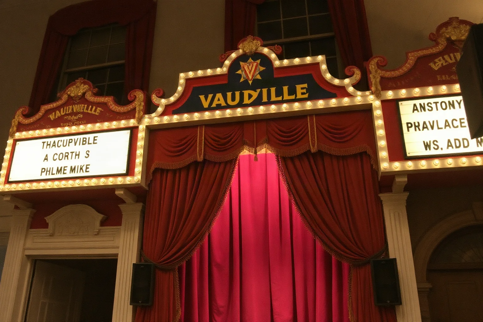 A vintage vaudeville theater marquee and stage with dramatic curtains, early 1900s style