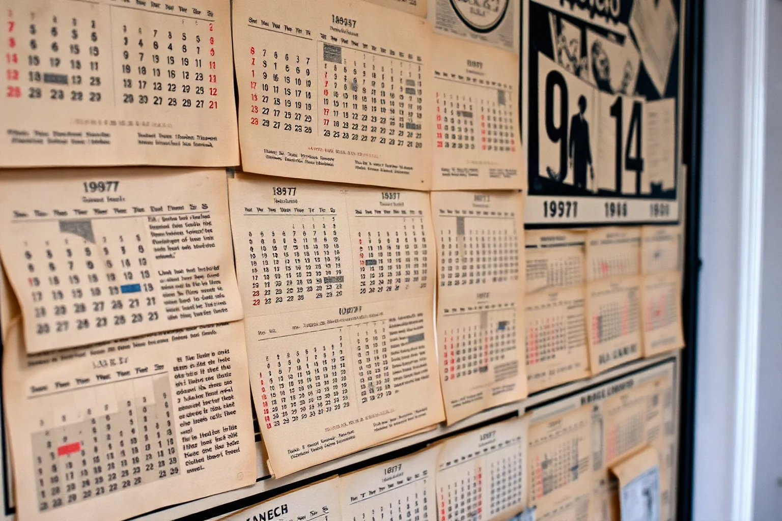 A vintage wall calendar with pages from 1937 through 1945, illustrating a long and shifting historical timeline