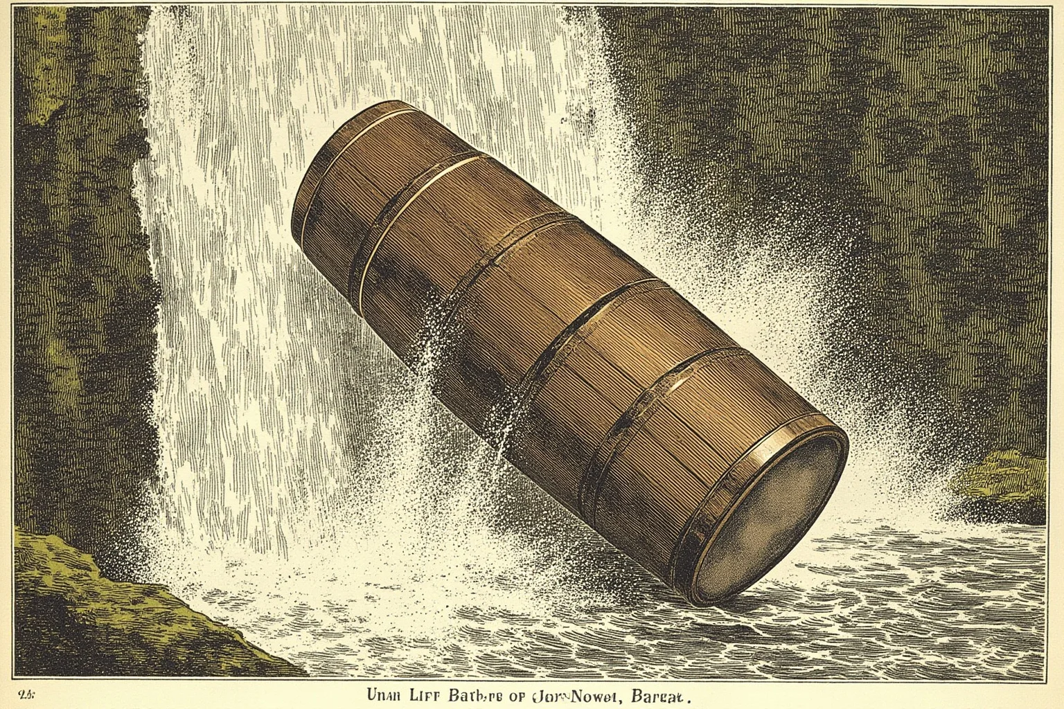 A vintage wooden barrel beside a roaring waterfall, early 20th-century daredevil stunt illustration
