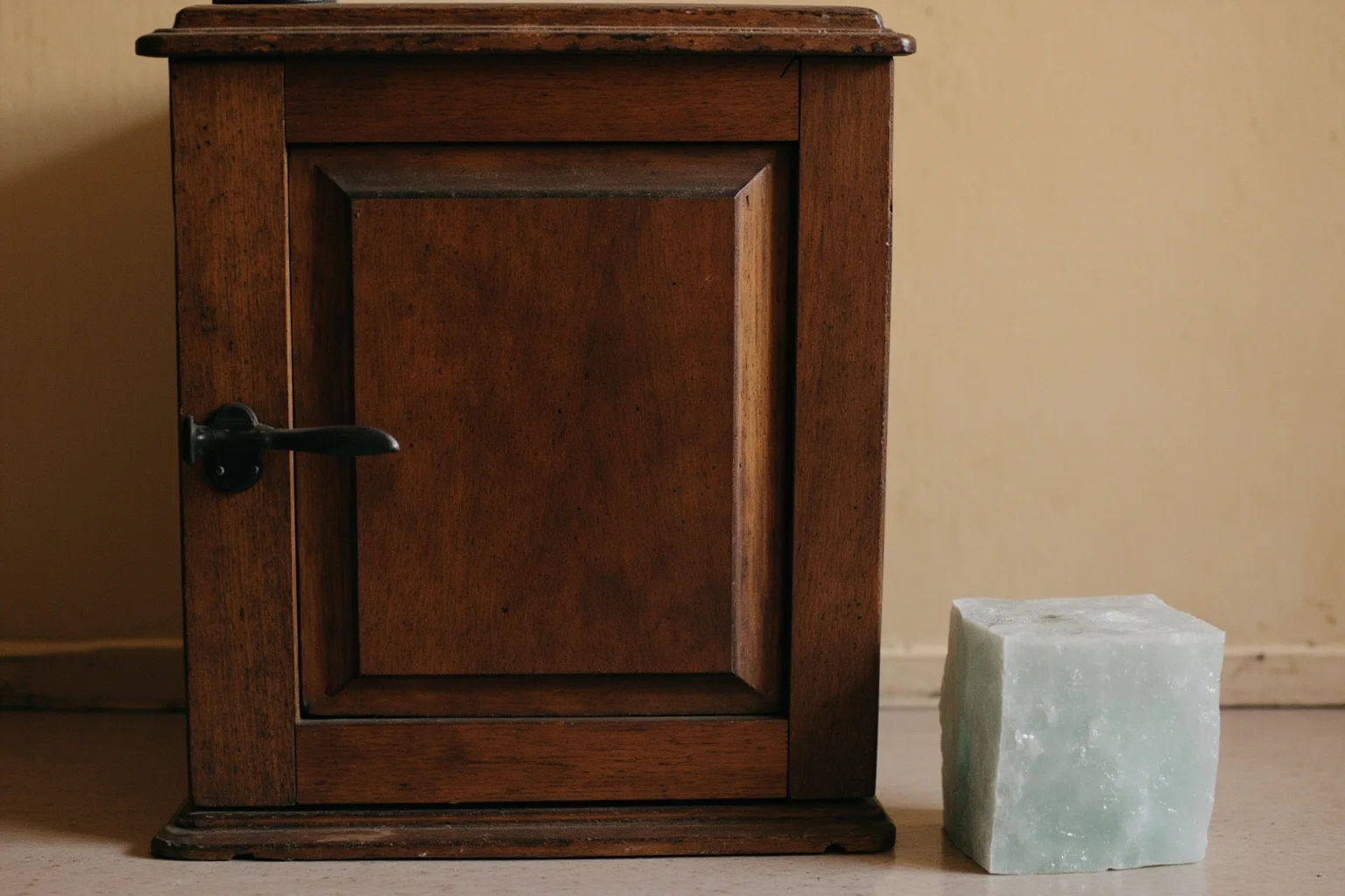 22 Things Every American Home Had in the 1920s 4 A vintage wooden icebox in a 1920s kitchen with a delivered block of ice beside it