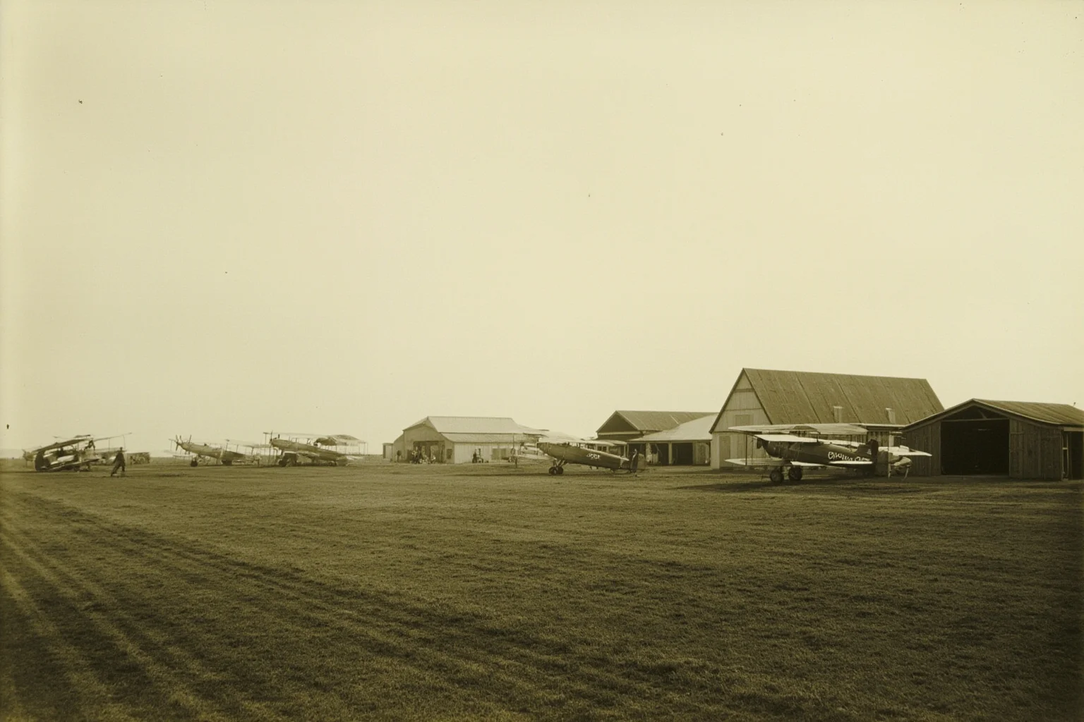 A vintage World War I era airfield with old hangars and biplanes on a grass runway