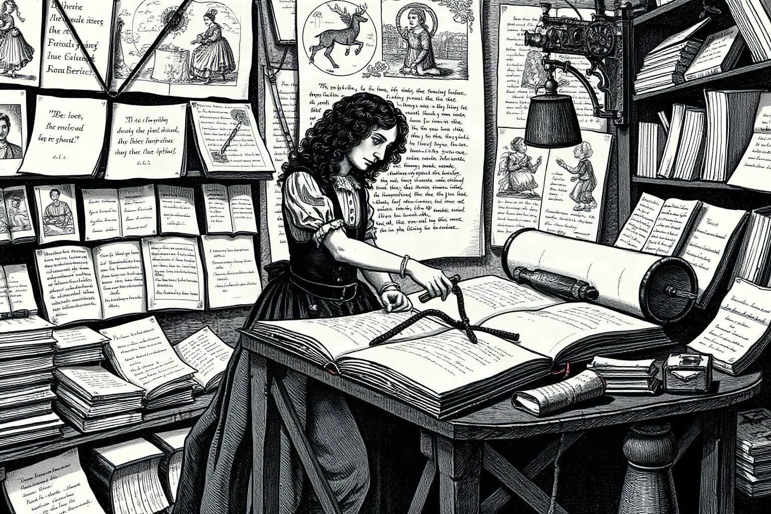 A visionary 18th-century poet-engraver working at a printing press surrounded by illustrated pages, illustrative style