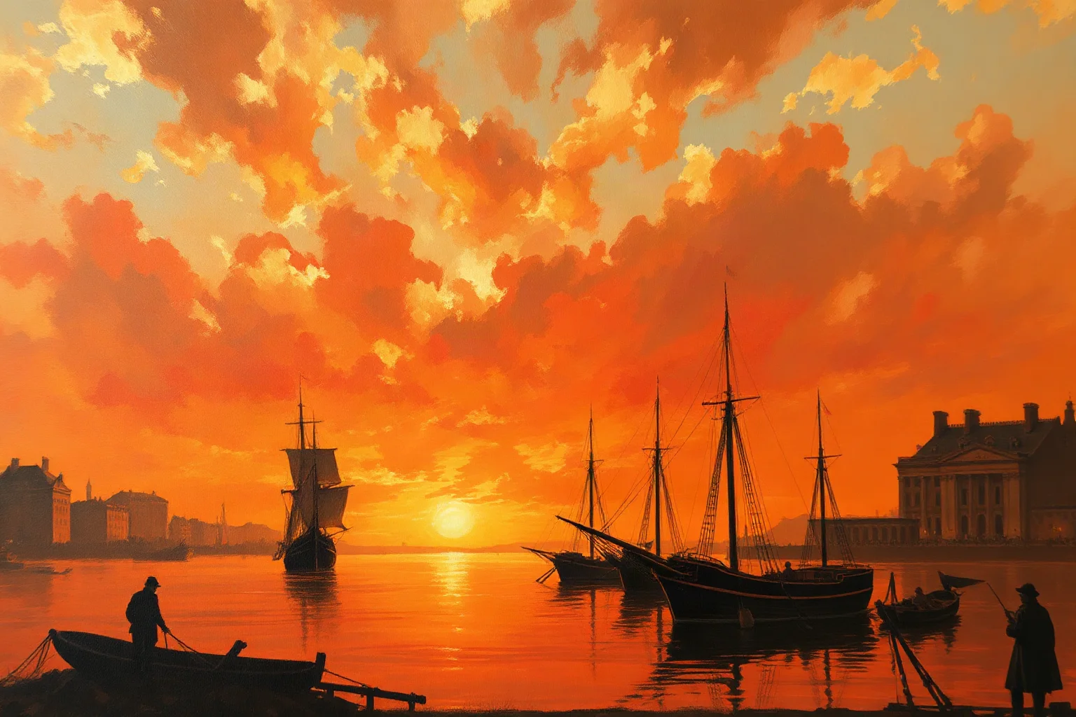 A vivid fiery orange and red sunset over a European harbor, painted in the loose brushstroke style of early 19th-century romantic landscape art