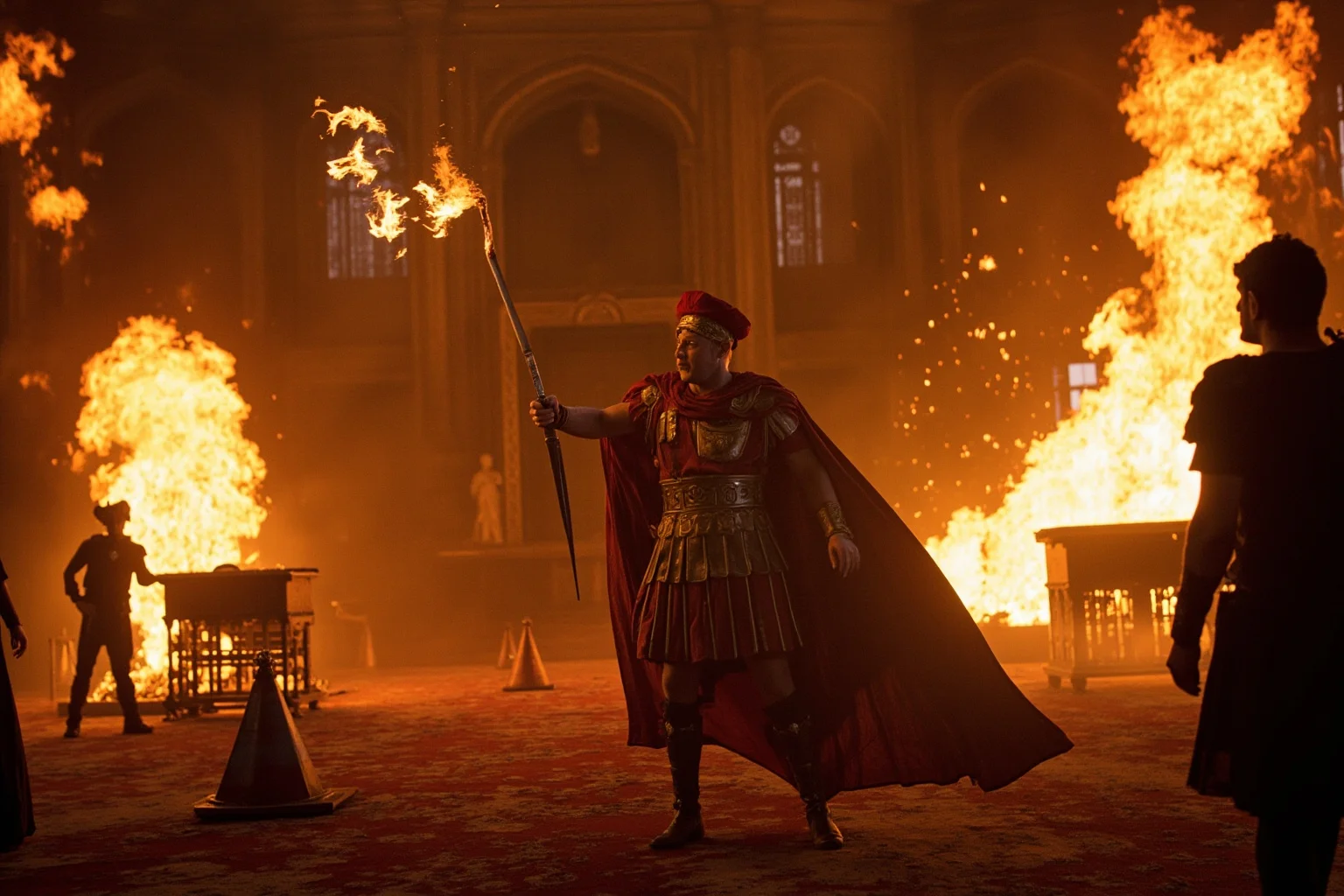 A volatile Roman emperor in elaborate dress making reckless decisions in a grand palace, surrounded by flames and chaos, with terrified advisors nearby