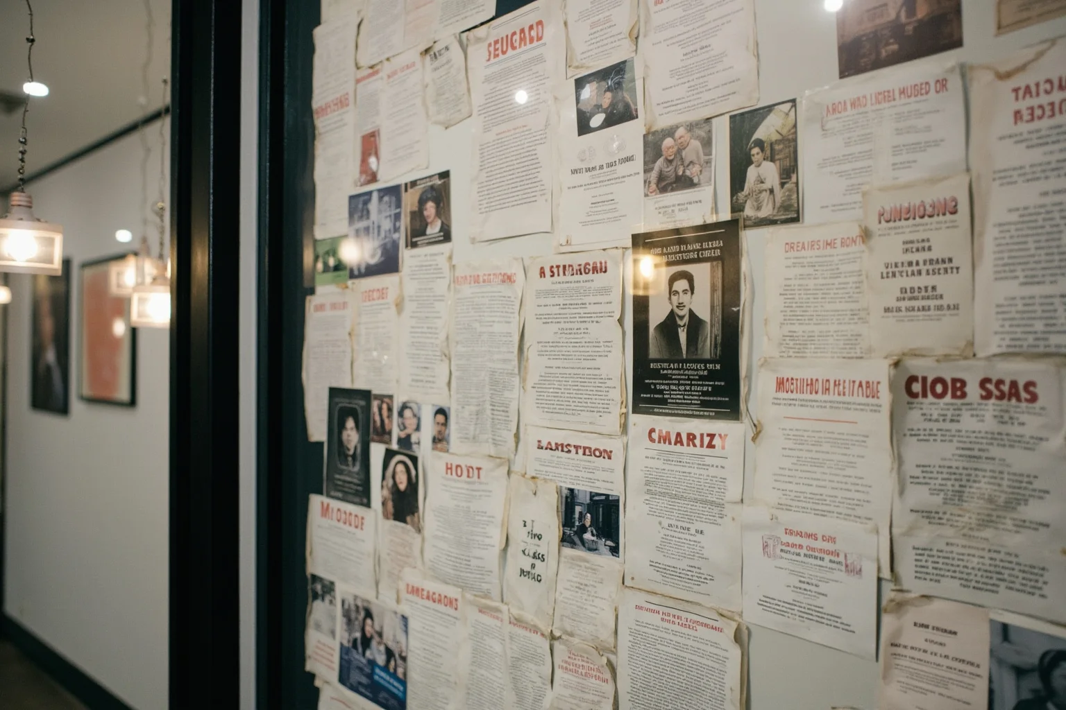 A wall covered in faded paper missing-person flyers with photographs, behind protective glass