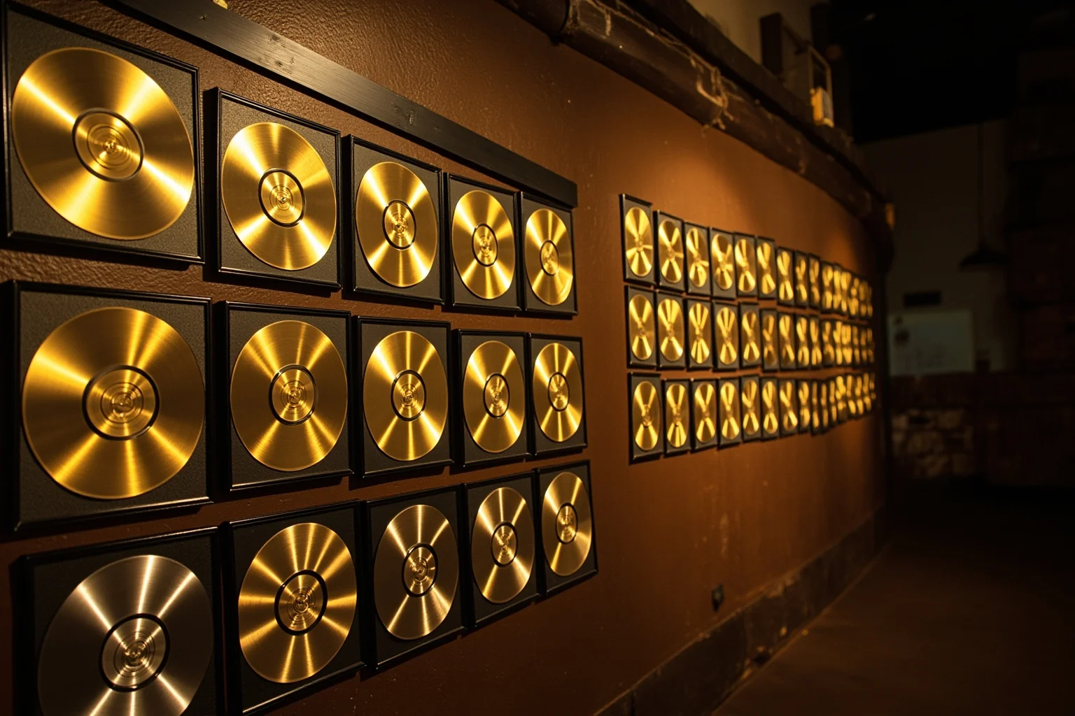 Incredible Facts About the Beatles' Greatest Band History 22 A wall of gold and platinum record awards displayed in a dim archive room
