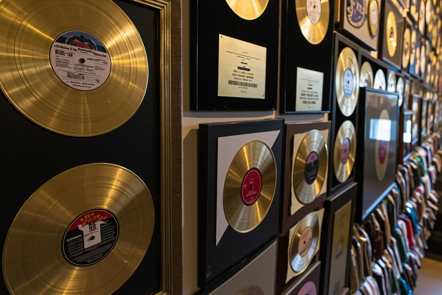 A wall of vinyl records and gold record plaques displayed in a music archive
