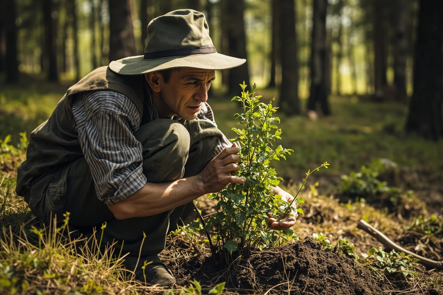 A wandering frontier figure in ragged clothes planting a small tree sapling in a forest clearing