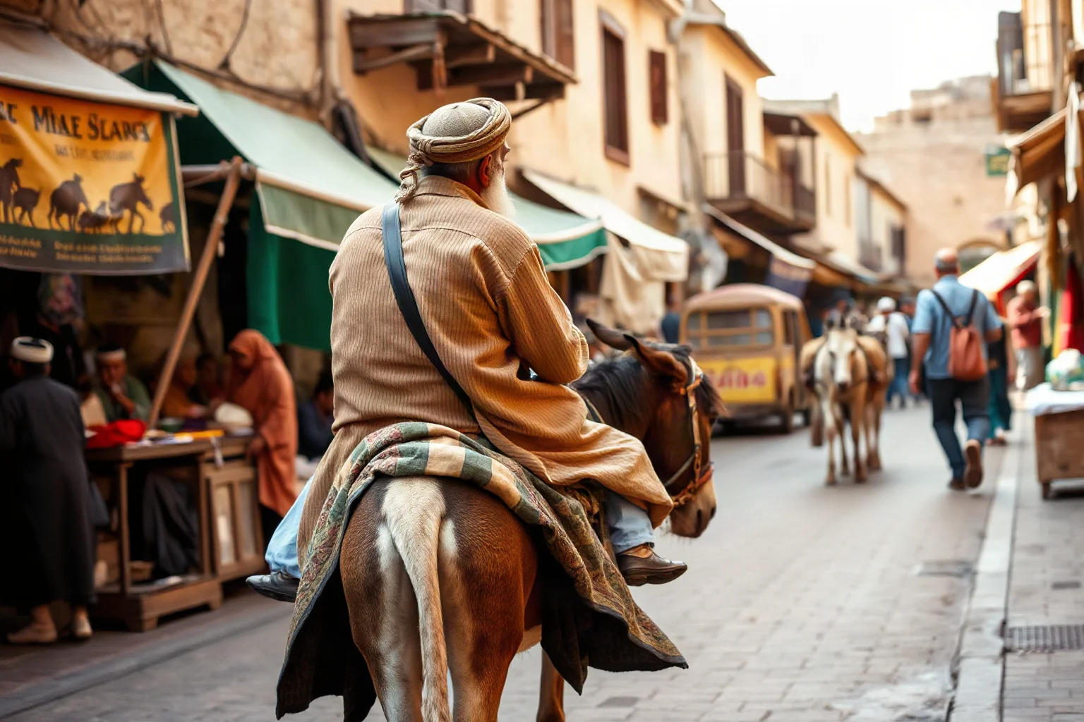 A wandering wise fool riding backwards on a donkey through a Middle Eastern village marketplace