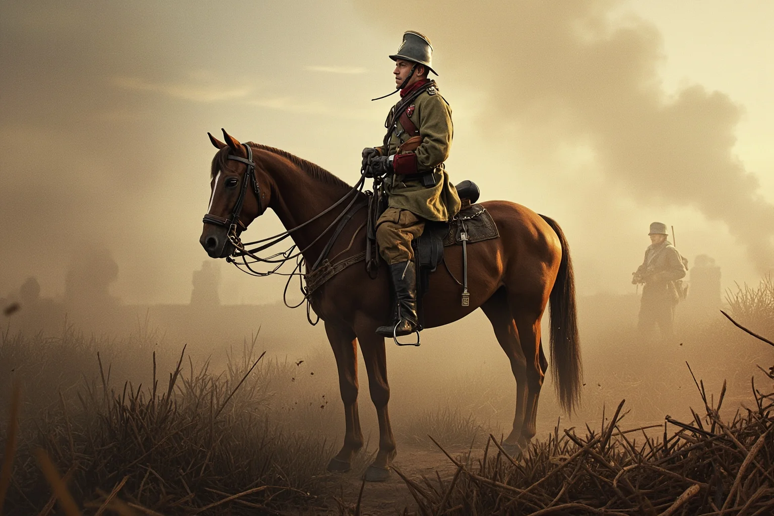 22 Animal Heroes Who Changed Human History 4 A war horse with cavalry gear standing calmly amid a smoky WWI battlefield, illustrative painting style