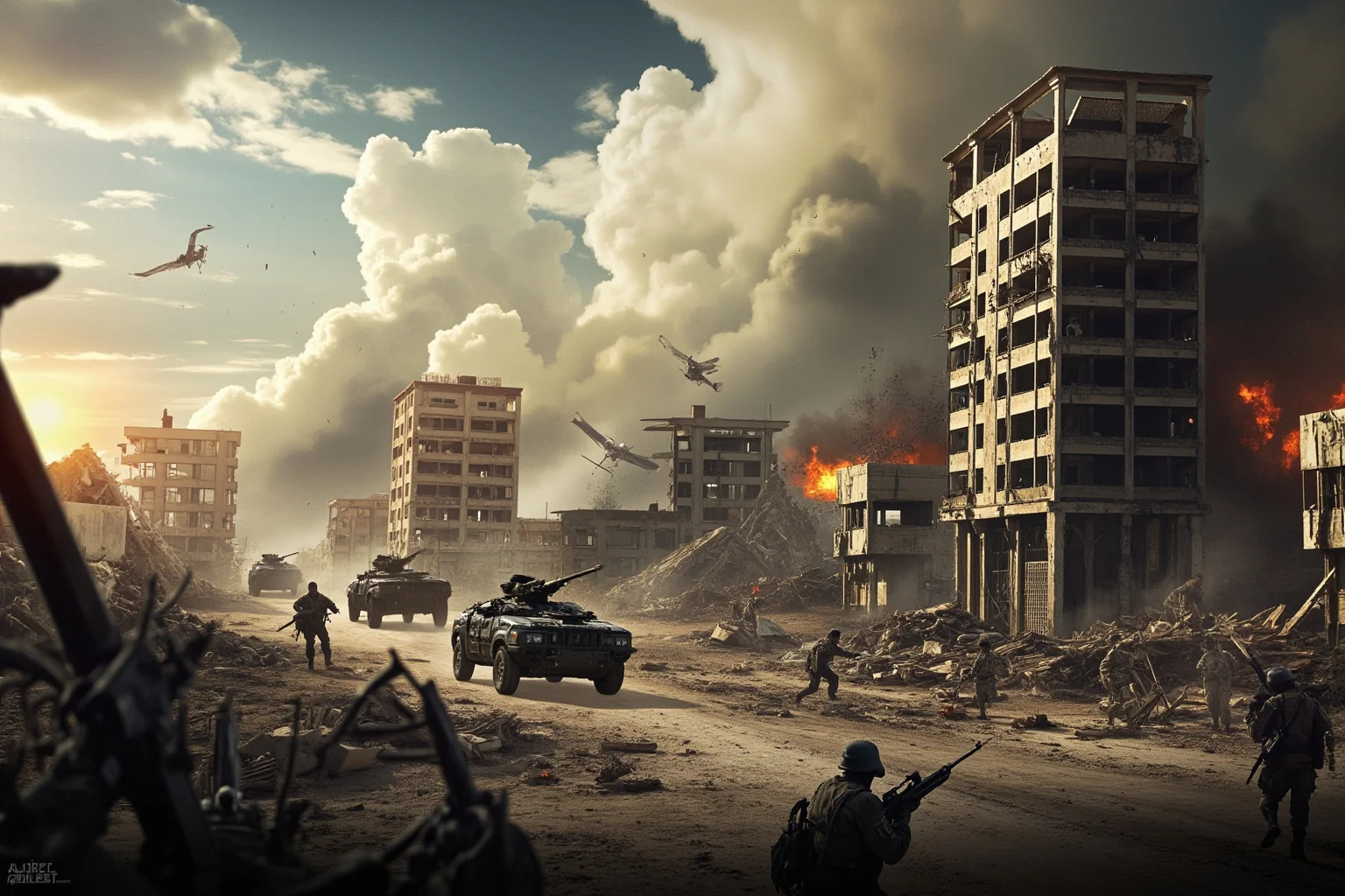 A war-torn city landscape with destroyed buildings, fleeing civilians, and active military presence during an invasion