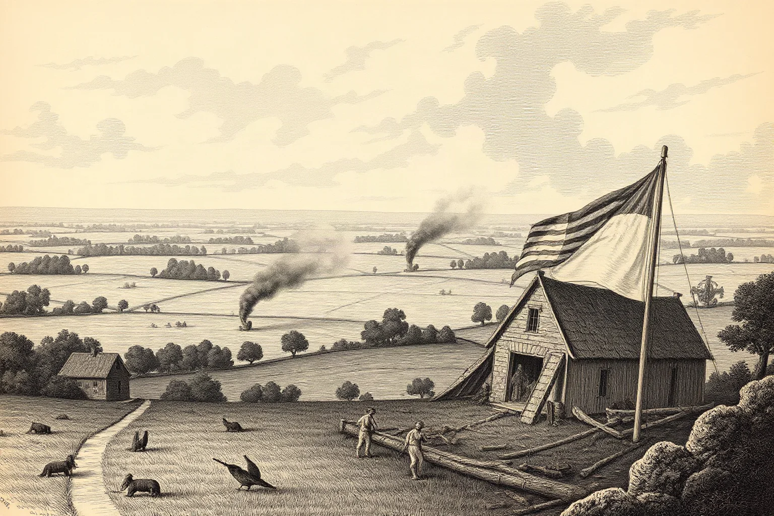 A war-torn colonial Virginia landscape with smoke rising over distant fields, dramatic historical illustration
