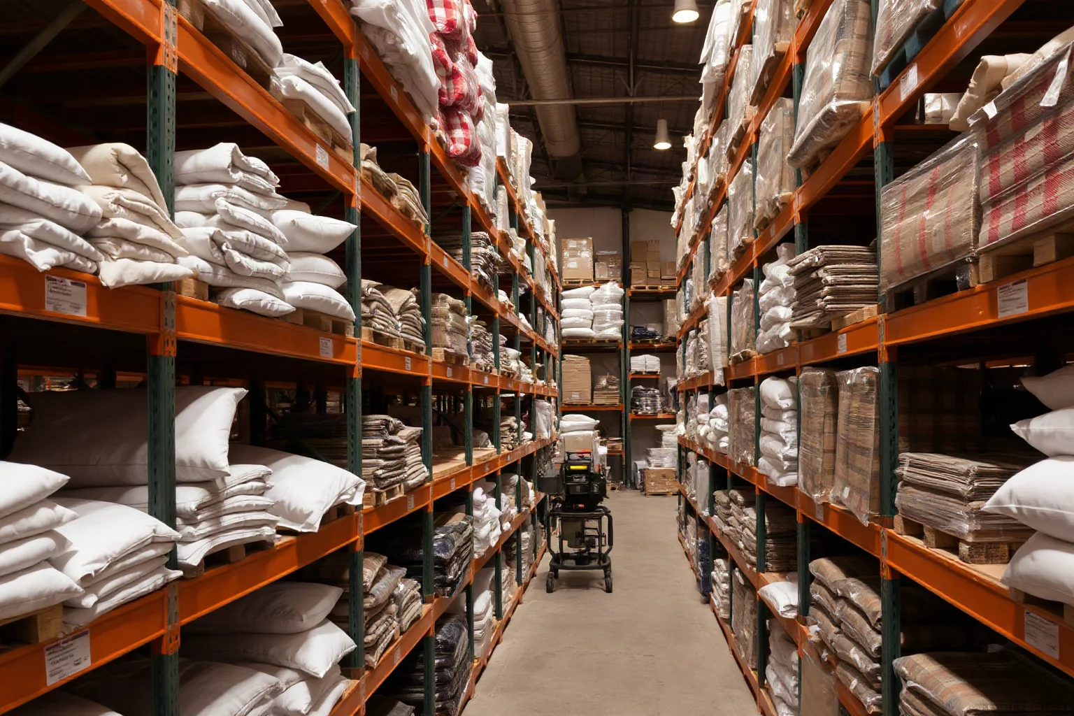 A warehouse full of mass-produced goods like textiles and tools on shelves