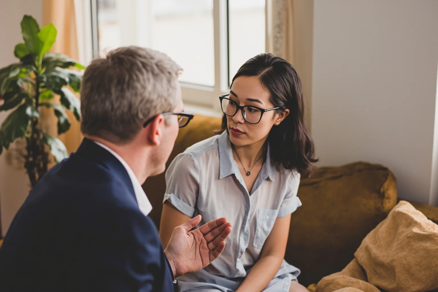 A warm, empathetic counseling session between a therapist and client in a comfortable, person-centered setting