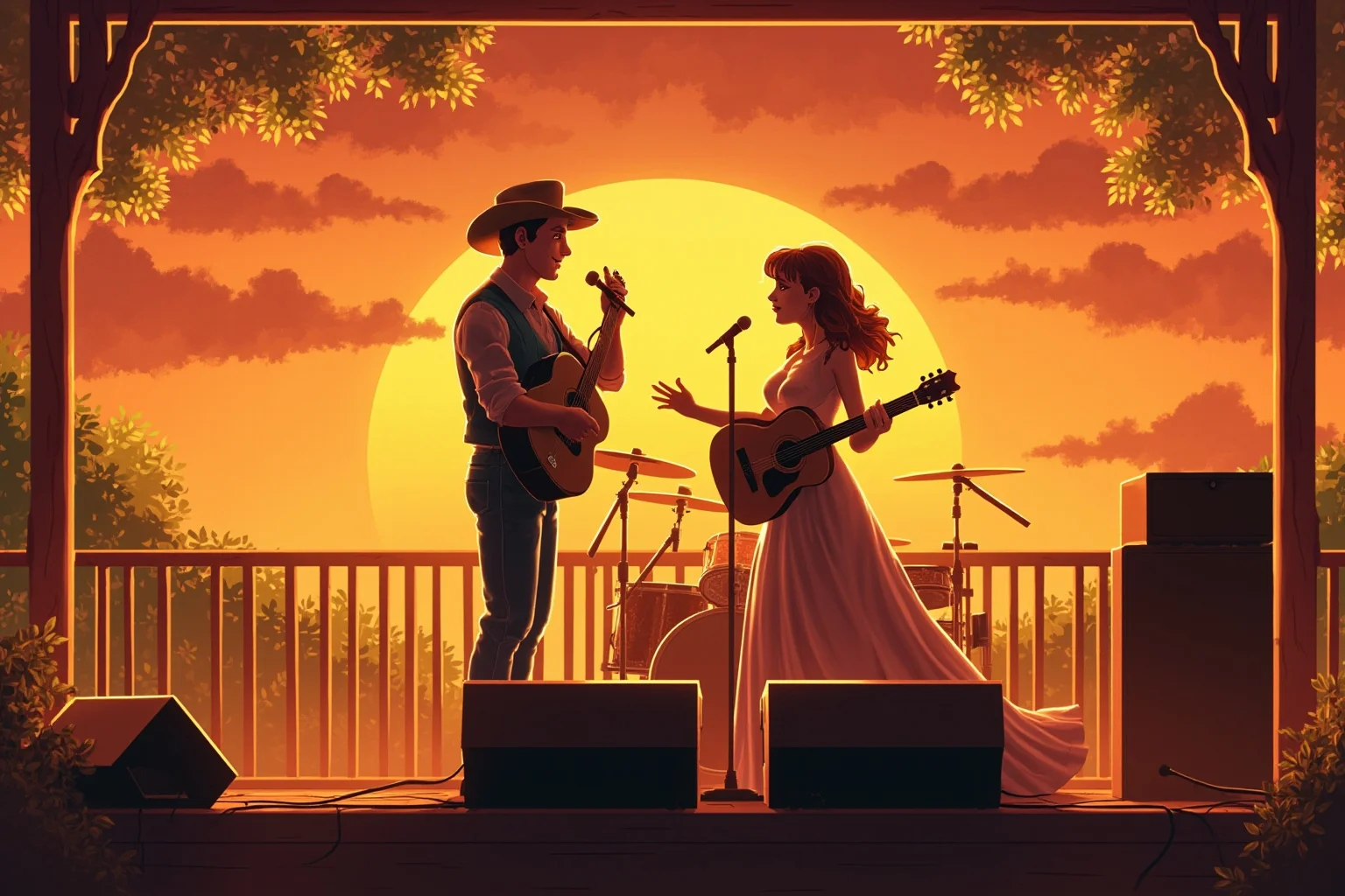 Historical Figures Who Died Of A Broken Heart 19 A warm, illustrated portrait of a country musician and his wife performing together on a small stage at sunset